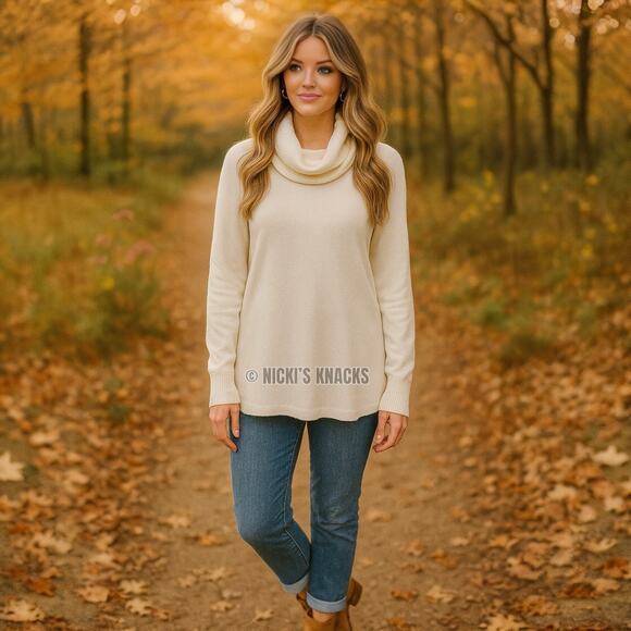 Cyrus Sweaters - Raya by Cyrus Waffle Cowl Neck Knit Sweater Cream Ivory Pearl Puff Cozy Size S